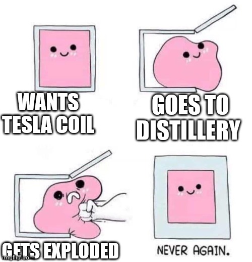 Never again | WANTS TESLA COIL; GOES TO DISTILLERY; GETS EXPLODED | image tagged in never again,deadcells | made w/ Imgflip meme maker
