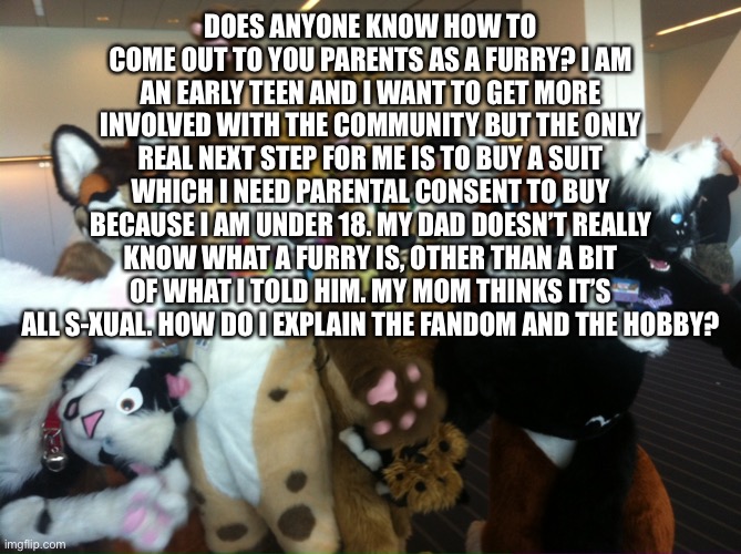 I need help. I’ve known for a while and now I want my parents to know too. |  DOES ANYONE KNOW HOW TO COME OUT TO YOU PARENTS AS A FURRY? I AM AN EARLY TEEN AND I WANT TO GET MORE INVOLVED WITH THE COMMUNITY BUT THE ONLY REAL NEXT STEP FOR ME IS TO BUY A SUIT WHICH I NEED PARENTAL CONSENT TO BUY BECAUSE I AM UNDER 18. MY DAD DOESN’T REALLY KNOW WHAT A FURRY IS, OTHER THAN A BIT OF WHAT I TOLD HIM. MY MOM THINKS IT’S ALL S-XUAL. HOW DO I EXPLAIN THE FANDOM AND THE HOBBY? | image tagged in furries | made w/ Imgflip meme maker