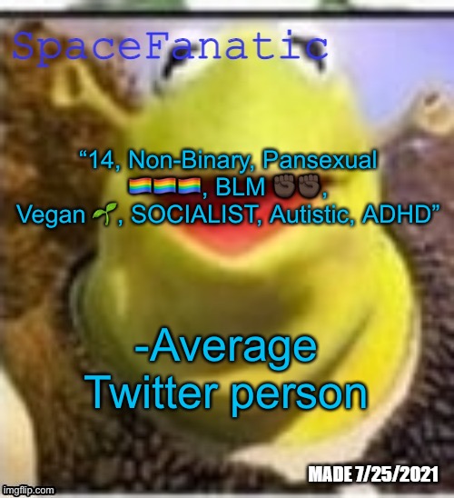 Ye Olde Announcements | “14, Non-Binary, Pansexual 🏳️‍🌈🏳️‍🌈🏳️‍🌈, BLM ✊🏿✊🏿, Vegan 🌱, SOCIALIST, Autistic, ADHD”; -Average Twitter person | image tagged in spacefanatic announcement temp | made w/ Imgflip meme maker