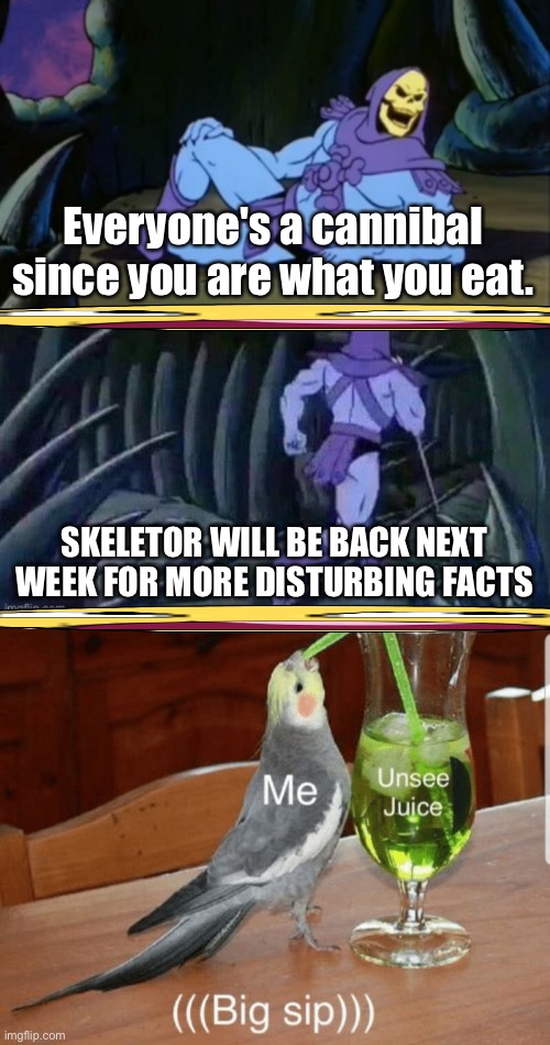 Life is a lie | Everyone's a cannibal since you are what you eat. SKELETOR WILL BE BACK NEXT WEEK FOR MORE DISTURBING FACTS | image tagged in cats,memes,funny,gifs,0123456789101112131415161718192021222324252627,2829303132333435363738394041424344454647484950 | made w/ Imgflip meme maker
