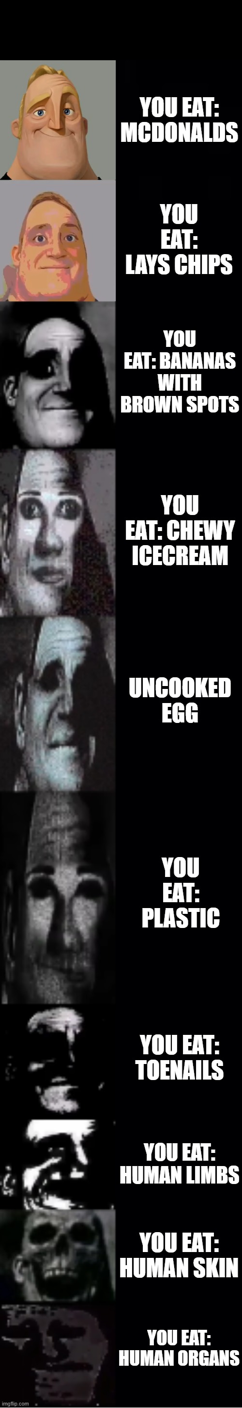 mr incredible becoming uncanny | YOU EAT: MCDONALDS; YOU EAT: LAYS CHIPS; YOU EAT: BANANAS WITH BROWN SPOTS; YOU EAT: CHEWY ICECREAM; UNCOOKED EGG; YOU EAT: PLASTIC; YOU EAT: TOENAILS; YOU EAT: HUMAN LIMBS; YOU EAT: HUMAN SKIN; YOU EAT: HUMAN ORGANS | image tagged in mr incredible becoming uncanny | made w/ Imgflip meme maker