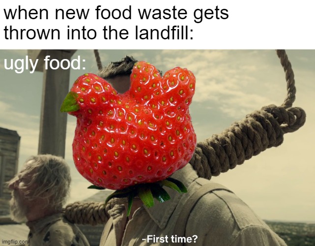 when new food waste gets thrown into the landfill:; ugly food: | image tagged in first time | made w/ Imgflip meme maker