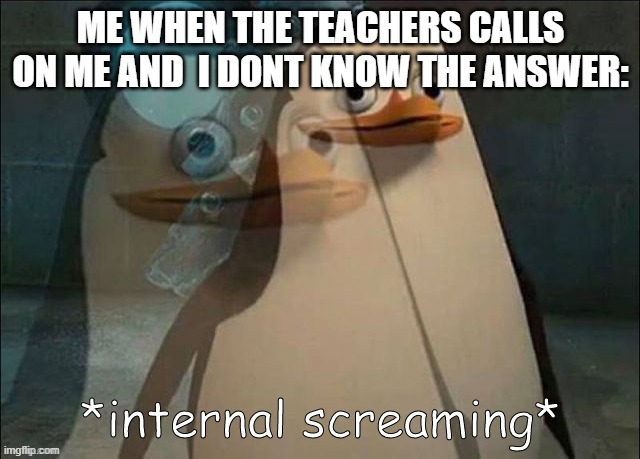 if you relate to this, you gotta upvote | ME WHEN THE TEACHERS CALLS ON ME AND  I DONT KNOW THE ANSWER: | image tagged in private internal screaming | made w/ Imgflip meme maker