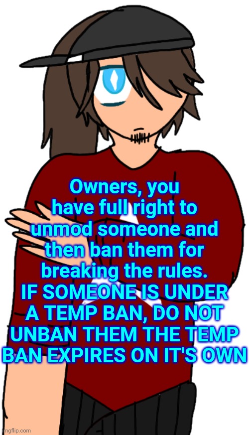 Rystela | Owners, you have full right to unmod someone and then ban them for breaking the rules. IF SOMEONE IS UNDER A TEMP BAN, DO NOT UNBAN THEM THE TEMP BAN EXPIRES ON IT'S OWN | image tagged in rystela | made w/ Imgflip meme maker