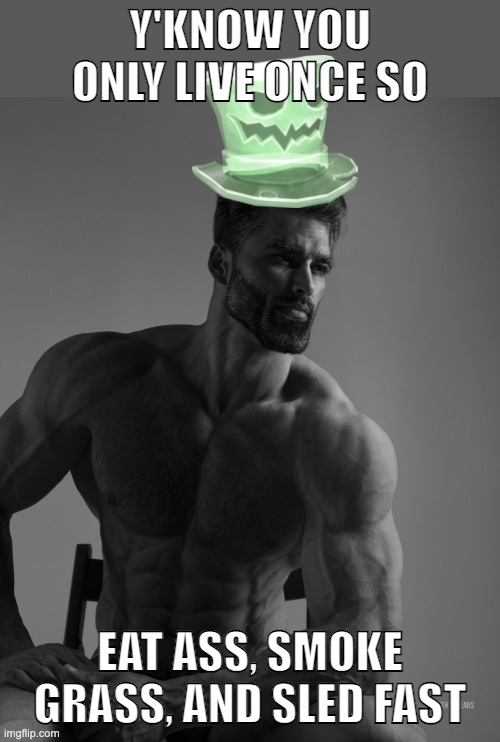 Why yes, scary hat is my best friend | Y'KNOW YOU ONLY LIVE ONCE SO; EAT ASS, SMOKE GRASS, AND SLED FAST | image tagged in why yes scary hat is my best friend | made w/ Imgflip meme maker