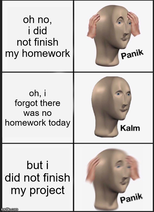 Homework & Project | oh no, i did not finish my homework; oh, i forgot there was no homework today; but i did not finish my project | image tagged in memes,panik kalm panik | made w/ Imgflip meme maker