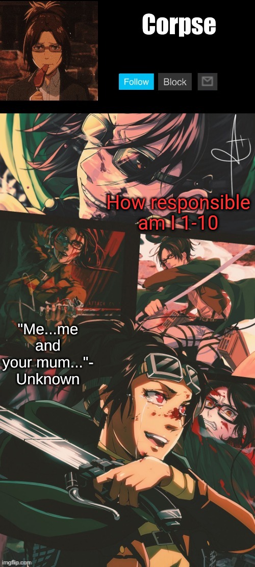 Hanji my beloved | How responsible am I 1-10 | image tagged in hanji my beloved | made w/ Imgflip meme maker
