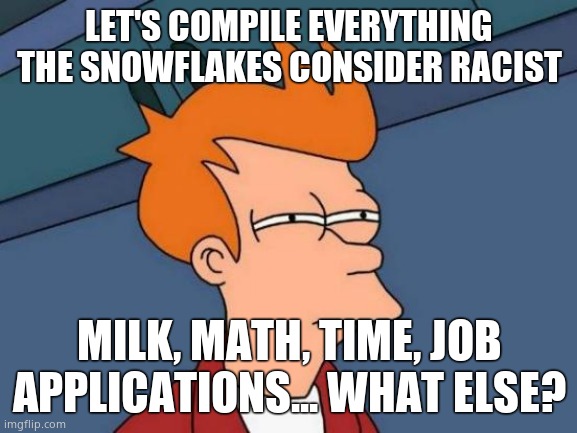 Join the fun | LET'S COMPILE EVERYTHING THE SNOWFLAKES CONSIDER RACIST; MILK, MATH, TIME, JOB APPLICATIONS... WHAT ELSE? | image tagged in memes,futurama fry | made w/ Imgflip meme maker