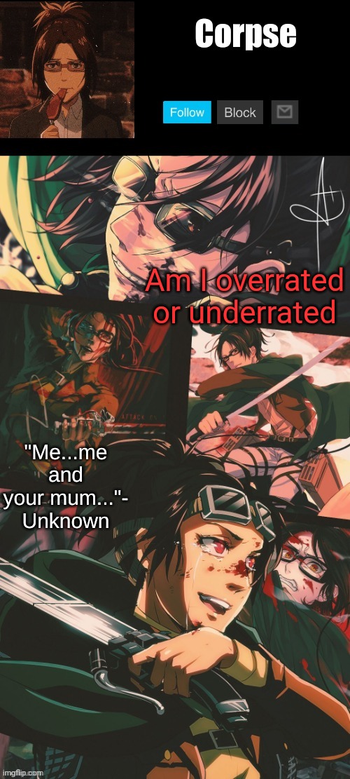Hanji my beloved | Am I overrated or underrated | image tagged in hanji my beloved | made w/ Imgflip meme maker