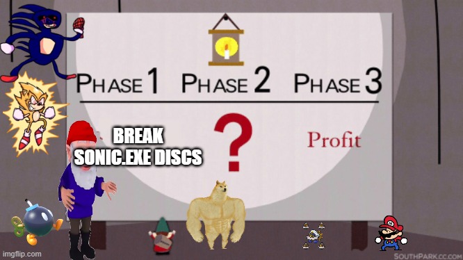 phase 1 break discs phase 2... phase 3 profit | BREAK SONIC.EXE DISCS | image tagged in phase 3 profit | made w/ Imgflip meme maker
