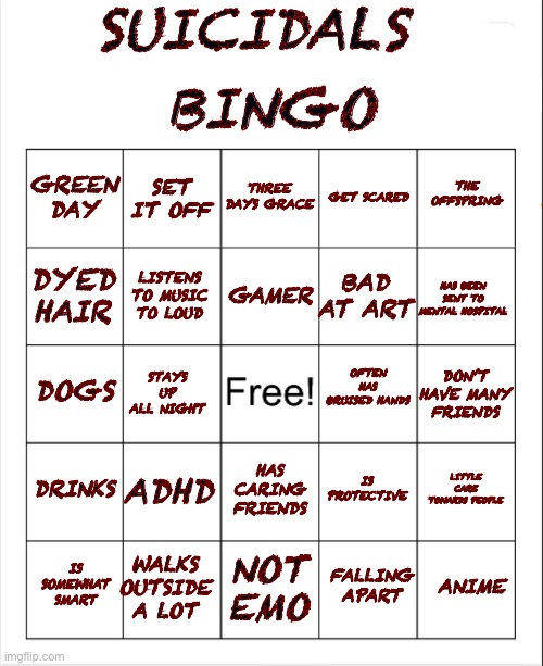 Bingo | SUICIDALS; BINGO; THREE DAYS GRACE; SET IT OFF; THE OFFSPRING; GREEN DAY; GET SCARED; GAMER; DYED HAIR; HAS BEEN SENT TO MENTAL HOSPITAL; BAD AT ART; LISTENS TO MUSIC TO LOUD; OFTEN HAS BRUISED HANDS; DOGS; DON’T HAVE MANY FRIENDS; STAYS UP ALL NIGHT; DRINKS; ADHD; LITTLE CARE TOWARDS PEOPLE; IS PROTECTIVE; HAS CARING FRIENDS; WALKS OUTSIDE A LOT; ANIME; IS SOMEWHAT SMART; NOT EMO; FALLING APART | image tagged in blank bingo | made w/ Imgflip meme maker