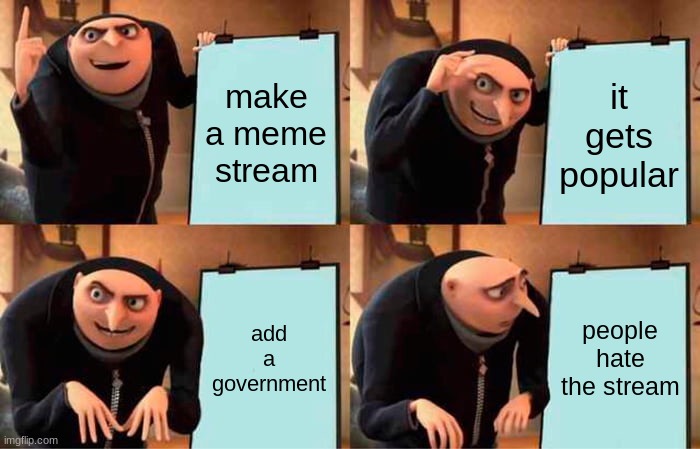 setting a record for most memes posted in MSMG in an hour | make a meme stream; it gets popular; add a government; people hate the stream | image tagged in memes,gru's plan | made w/ Imgflip meme maker