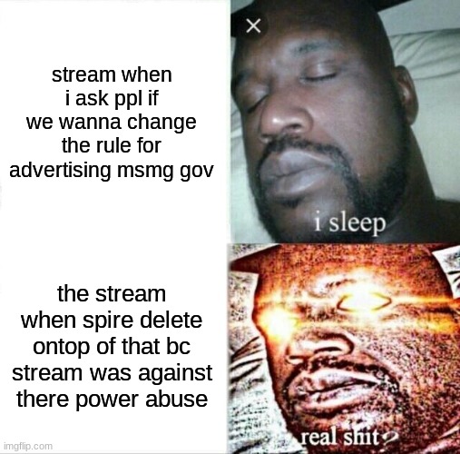 bro i just wanted the rule gone so we could advertise the msmg gov stream here | stream when i ask ppl if we wanna change the rule for advertising msmg gov; the stream when spire delete ontop of that bc stream was against there power abuse | image tagged in memes,sleeping shaq | made w/ Imgflip meme maker