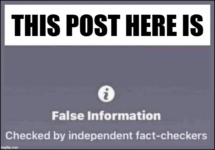 false information checked by independent fact-checkers | THIS POST HERE IS | image tagged in false information checked by independent fact-checkers | made w/ Imgflip meme maker