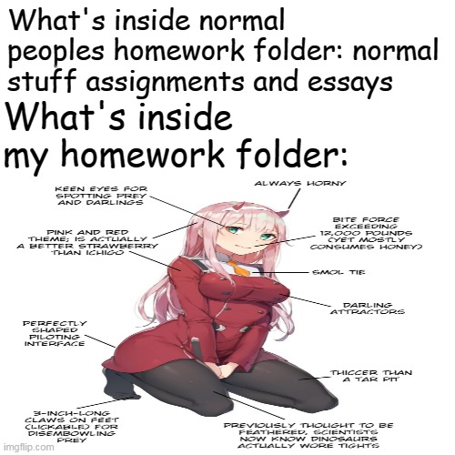 yes | What's inside normal peoples homework folder: normal stuff assignments and essays; What's inside my homework folder: | image tagged in anime,memes | made w/ Imgflip meme maker