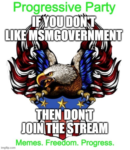 Progressive Party MSMG 2 | IF YOU DON'T LIKE MSMGOVERNMENT; THEN DON'T JOIN THE STREAM | image tagged in progressive party msmg 2 | made w/ Imgflip meme maker