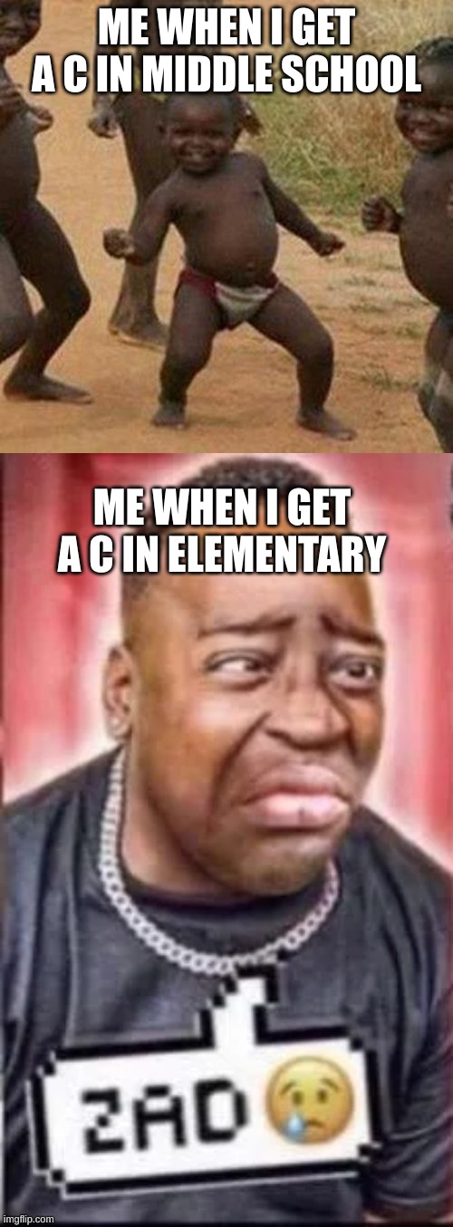 Z A D | ME WHEN I GET A C IN MIDDLE SCHOOL; ME WHEN I GET A C IN ELEMENTARY | image tagged in memes,third world success kid,zad | made w/ Imgflip meme maker