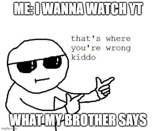 i wanna watch yt | ME: I WANNA WATCH YT; WHAT MY BROTHER SAYS | image tagged in that's where you're wrong kiddo | made w/ Imgflip meme maker