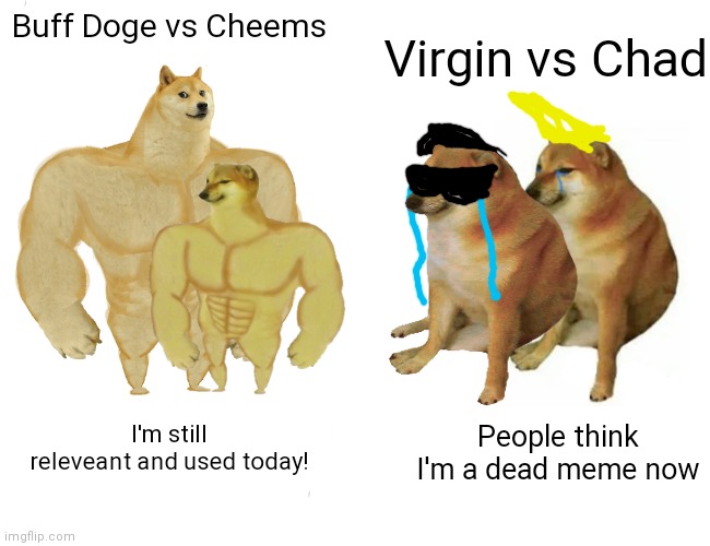 Buff BDVC vs CVVC | Buff Doge vs Cheems; Virgin vs Chad; People think I'm a dead meme now; I'm still releveant and used today! | image tagged in memes,buff doge vs cheems,virgin vs chad | made w/ Imgflip meme maker