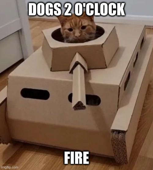 nice idea | DOGS 2 O'CLOCK; FIRE | image tagged in tank,cat | made w/ Imgflip meme maker