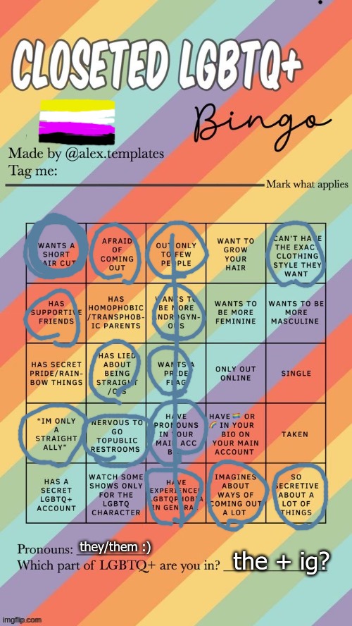:'D | they/them :); the + ig? | image tagged in closeted lgbtq bingo | made w/ Imgflip meme maker
