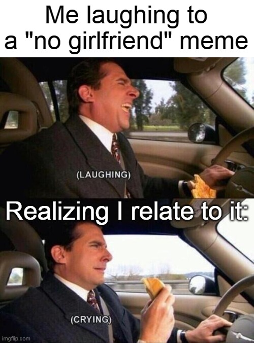 Frick, I relate to this meme | Me laughing to a "no girlfriend" meme; Realizing I relate to it: | image tagged in laughing crying -no spacing-,memes,funny,cats,anime,dogs | made w/ Imgflip meme maker