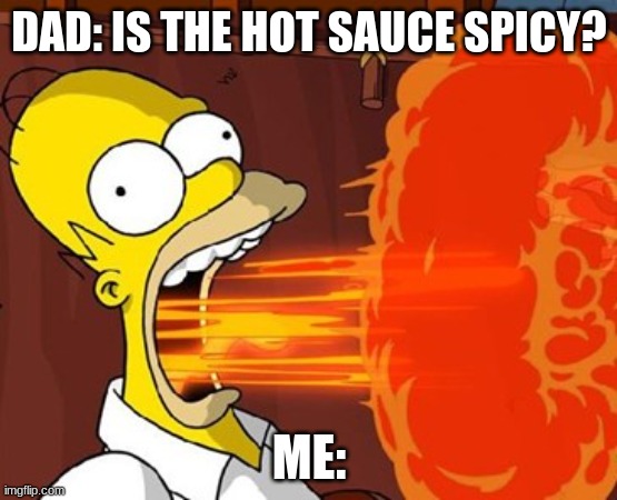 anyone agree? | DAD: IS THE HOT SAUCE SPICY? ME: | image tagged in mouth on fire,oh wow are you actually reading these tags | made w/ Imgflip meme maker