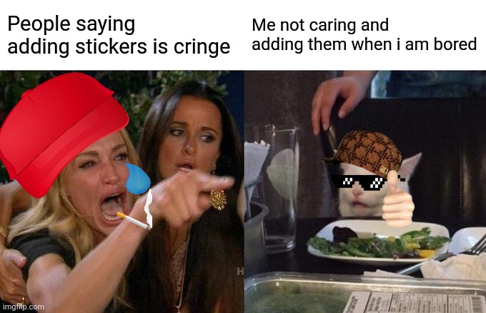 Woman Yelling At Cat Meme | People saying adding stickers is cringe; Me not caring and adding them when i am bored | image tagged in memes,woman yelling at cat | made w/ Imgflip meme maker