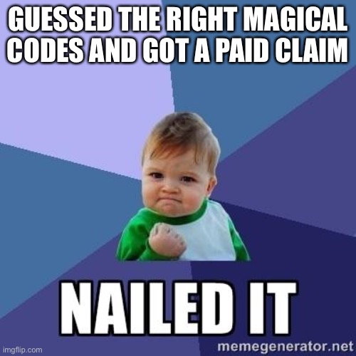 Insurance claims | GUESSED THE RIGHT MAGICAL CODES AND GOT A PAID CLAIM | image tagged in nailed it | made w/ Imgflip meme maker