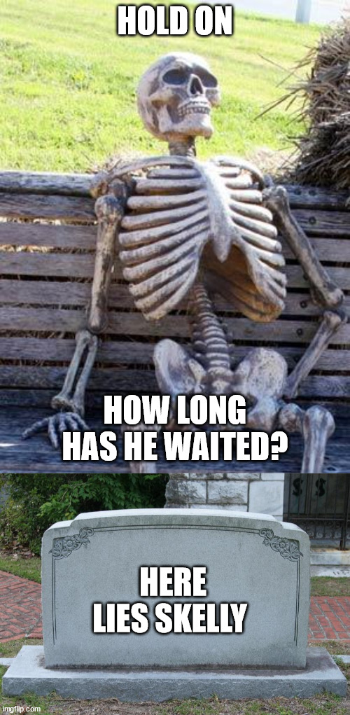 The Grave | HOLD ON; HOW LONG HAS HE WAITED? HERE LIES SKELLY | image tagged in memes,waiting skeleton,gravestone | made w/ Imgflip meme maker