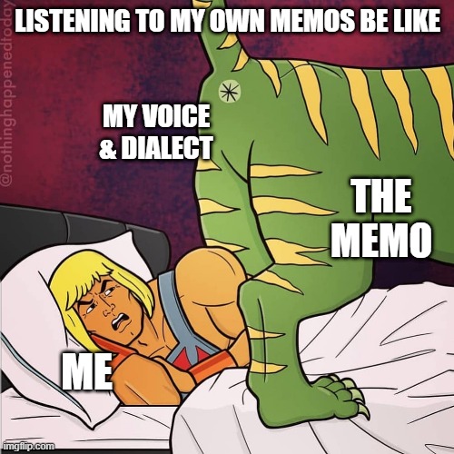 Memos be like | LISTENING TO MY OWN MEMOS BE LIKE; MY VOICE & DIALECT; THE MEMO; ME | image tagged in life with cats | made w/ Imgflip meme maker