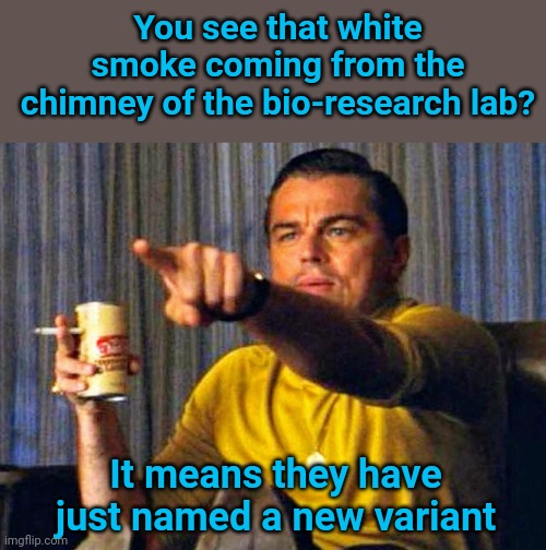 Leonardo Dicaprio pointing at tv | You see that white smoke coming from the chimney of the bio-research lab? It means they have just named a new variant | image tagged in leonardo dicaprio pointing at tv | made w/ Imgflip meme maker