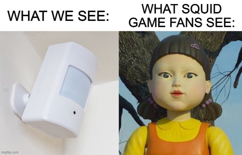 how we see motion detectors |  WHAT WE SEE:; WHAT SQUID GAME FANS SEE: | image tagged in squid game,memes | made w/ Imgflip meme maker