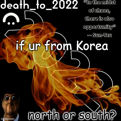 yes its supposed to be stupid | if ur from Korea; north or south? | image tagged in random ass template for some thingy | made w/ Imgflip meme maker