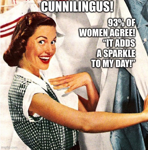 Vintage Laundry Woman | CUNNILINGUS! 93% OF WOMEN AGREE! “IT ADDS A SPARKLE TO MY DAY!” | image tagged in vintage laundry woman | made w/ Imgflip meme maker