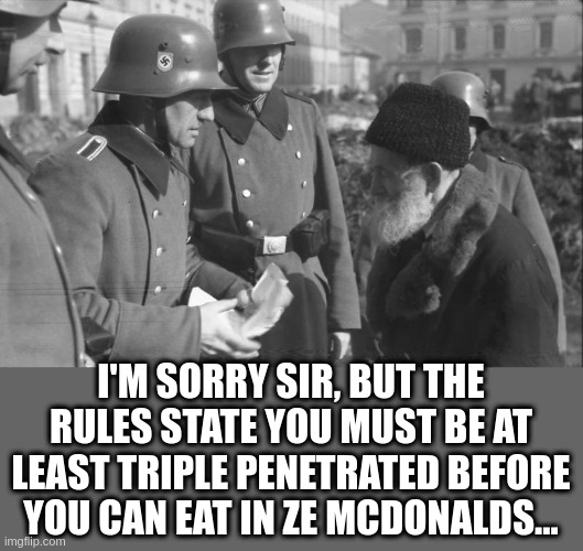 papers please | I'M SORRY SIR, BUT THE RULES STATE YOU MUST BE AT LEAST TRIPLE PENETRATED BEFORE YOU CAN EAT IN ZE MCDONALDS... | image tagged in nazis show papers | made w/ Imgflip meme maker