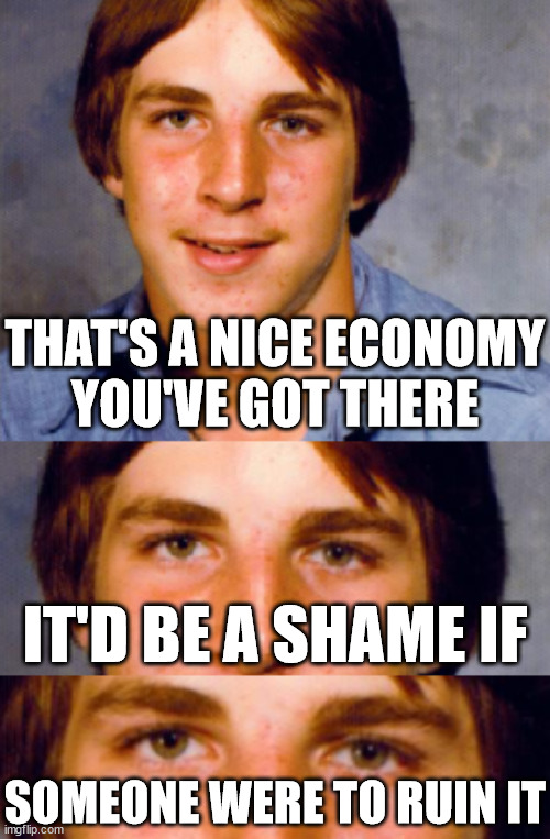 It sure would... | THAT'S A NICE ECONOMY
YOU'VE GOT THERE; IT'D BE A SHAME IF; SOMEONE WERE TO RUIN IT | image tagged in old economy steve it would be a shame,it would be a shame,old economy steve,scumbag baby boomers,baby boomers,boomers | made w/ Imgflip meme maker