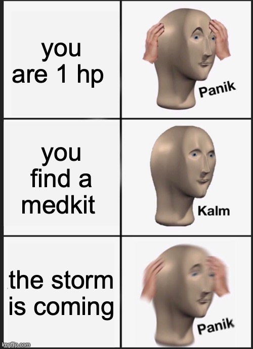 Panik Kalm Panik | you are 1 hp; you find a medkit; the storm is coming | image tagged in memes,panik kalm panik,gaming | made w/ Imgflip meme maker