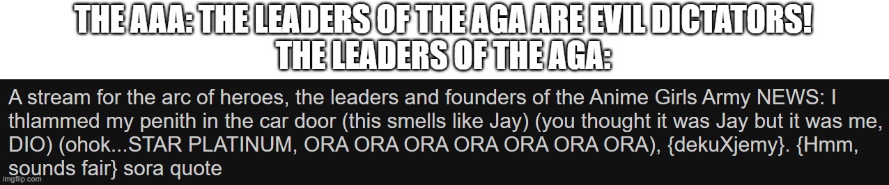 THE AAA: THE LEADERS OF THE AGA ARE EVIL DICTATORS!
THE LEADERS OF THE AGA: | made w/ Imgflip meme maker