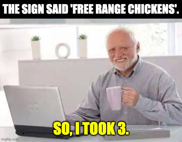 Free | THE SIGN SAID 'FREE RANGE CHICKENS'. SO, I TOOK 3. | image tagged in harold | made w/ Imgflip meme maker