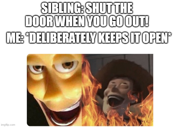 Satanic Woody | SIBLING: SHUT THE DOOR WHEN YOU GO OUT! ME: *DELIBERATELY KEEPS IT OPEN* | image tagged in satanic woody | made w/ Imgflip meme maker