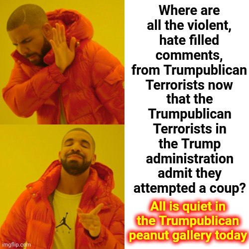 Trumpublican Terrorists Are Arrogant Enough To Think The Law, And The Constitution,  Don't Apply To Them | Where are all the violent, hate filled comments, from Trumpublican Terrorists now; that the Trumpublican Terrorists in the Trump administration admit they attempted a coup? All is quiet in the Trumpublican peanut gallery today | image tagged in memes,drake hotline bling,trumpublican terrorists,lock them up,liars and thieves,scumbag republicans | made w/ Imgflip meme maker