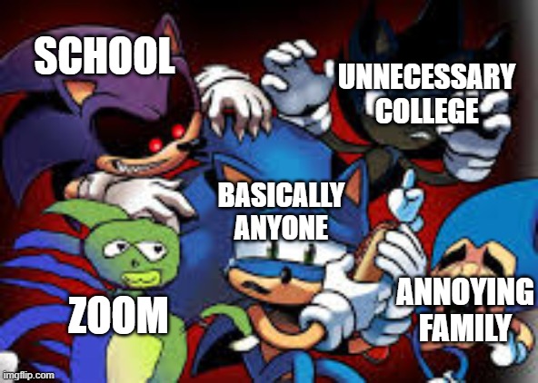 scared sonic | UNNECESSARY COLLEGE; SCHOOL; BASICALLY ANYONE; ANNOYING FAMILY; ZOOM | image tagged in scared sonic | made w/ Imgflip meme maker