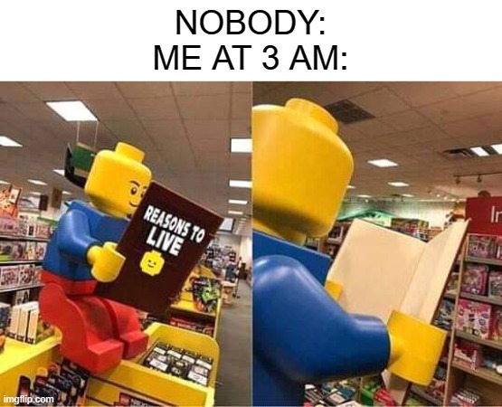 blank | NOBODY:
ME AT 3 AM: | image tagged in me,reasons to live,lego,blank | made w/ Imgflip meme maker