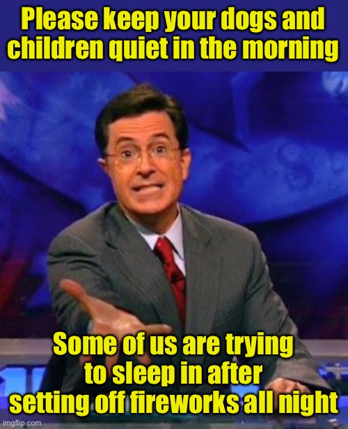 Firework Jerk | Please keep your dogs and children quiet in the morning; Some of us are trying to sleep in after setting off fireworks all night | image tagged in give me please,hypocrisy | made w/ Imgflip meme maker