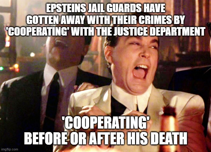 Epstein didn't kill himself |  EPSTEINS JAIL GUARDS HAVE GOTTEN AWAY WITH THEIR CRIMES BY 'COOPERATING' WITH THE JUSTICE DEPARTMENT; 'COOPERATING' BEFORE OR AFTER HIS DEATH | image tagged in memes,good fellas hilarious | made w/ Imgflip meme maker