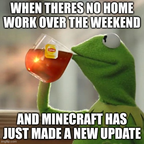 But That's None Of My Business | WHEN THERES NO HOME WORK OVER THE WEEKEND; AND MINECRAFT HAS JUST MADE A NEW UPDATE | image tagged in memes,but that's none of my business,kermit the frog | made w/ Imgflip meme maker