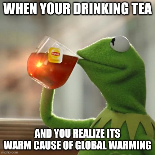 global warming eh? | WHEN YOUR DRINKING TEA; AND YOU REALIZE ITS WARM CAUSE OF GLOBAL WARMING | image tagged in memes,but that's none of my business,kermit the frog,facts,viral,funny | made w/ Imgflip meme maker