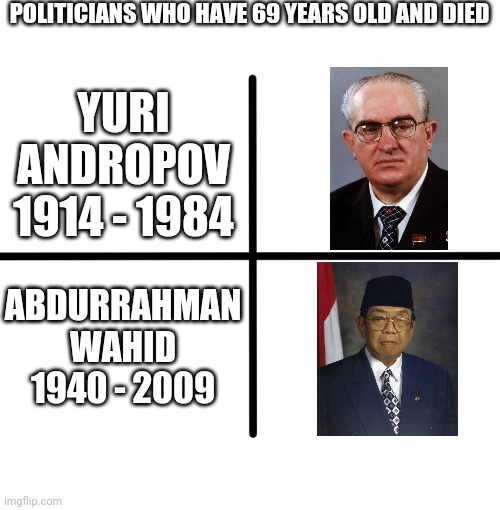 Blank Starter Pack | POLITICIANS WHO HAVE 69 YEARS OLD AND DIED; YURI ANDROPOV
1914 - 1984; ABDURRAHMAN WAHID
1940 - 2009 | image tagged in blank starter pack,yuri andropov,abdurrahman wahid,indonesia,soviet union,funny | made w/ Imgflip meme maker