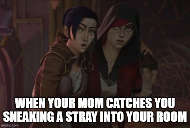 vi and cait | WHEN YOUR MOM CATCHES YOU SNEAKING A STRAY INTO YOUR ROOM | image tagged in arcane | made w/ Imgflip meme maker